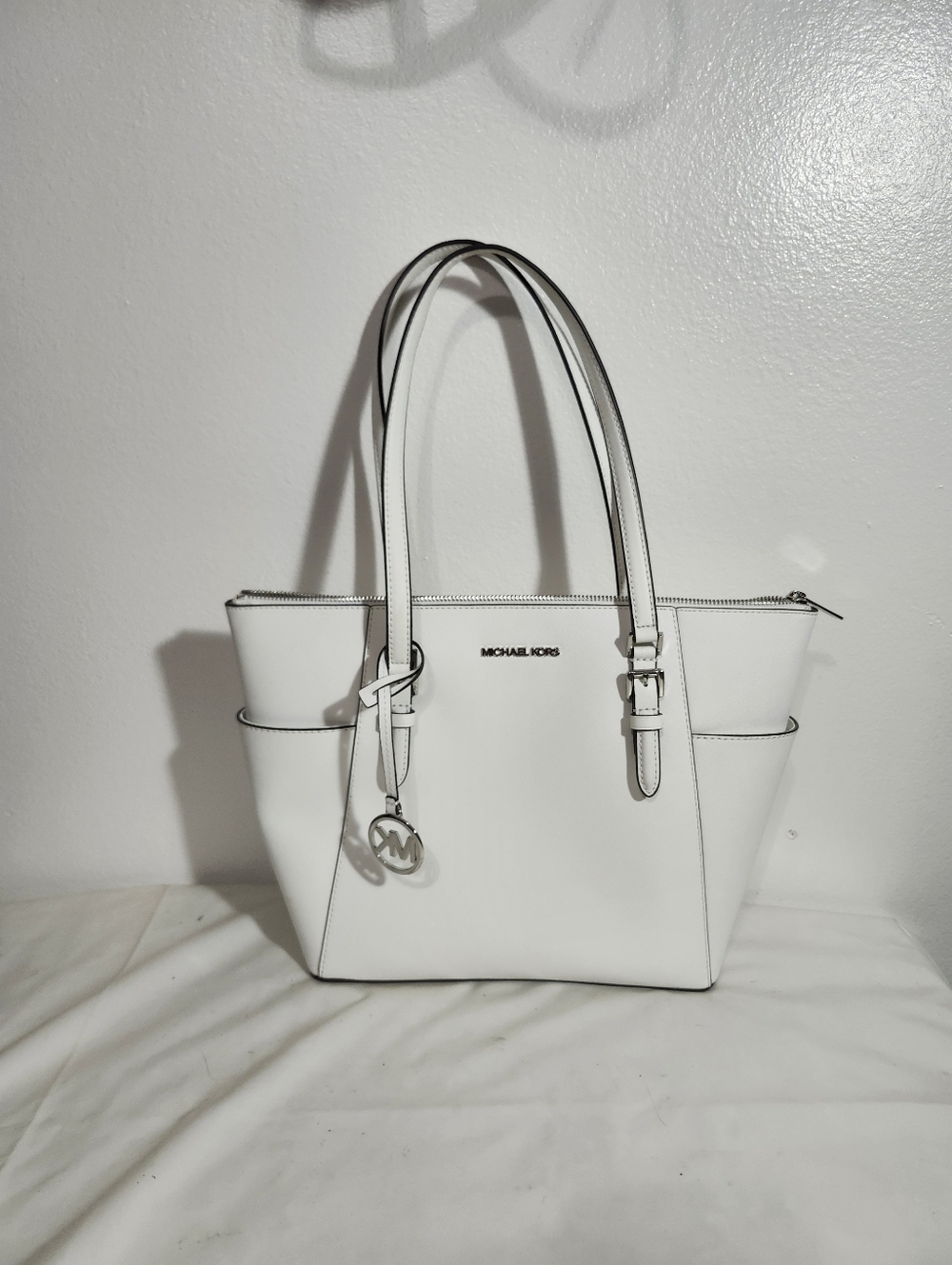 Michael Kors White Leather Tote with MK Charm